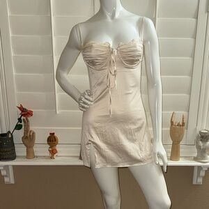 Parthea Lace Trim Tie Front Split Hem Satin Cami Dress Ivory